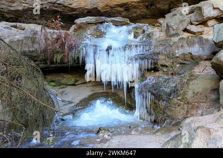 Gefrorener Wasserfall mit Eiszapfen in der Gautschgrotte, Hohnstein, Sachsen, Deutschland *** gefrorener Wasserfall mit Eiszapfen in der Gautschgrotte, Hohn Stockfoto