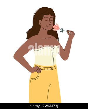 Lächelnde Afro-Frau mit wunderschöner Blume. Elegantes Mädchen, glücklicher internationaler Frauentag. Stock Vektor