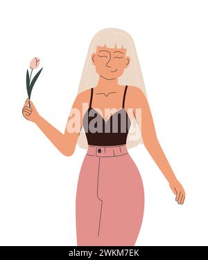 Lächelnde blonde Frau, die eine schöne Blume hält. Elegantes Mädchen mit Tulpe in der Hand. Glücklicher Frauentag Stock Vektor