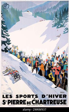 Vintage-Reiseplakat Les Sports d'hiver St Pierre de Chartreuse von St Pierre de Chartreuse 1930. Von Roger Broders, Stockfoto