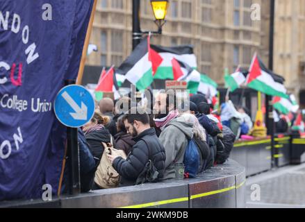 London, UK, 21. Februar 2024. Während sich im Unterhaus chaotische Szenen entwickelten, in denen der Sprecher Lindsay Hoyle gegen das Protokoll ging und eine Änderung der SNP und der Govt zur Forderung nach einem sofortigen Waffenstillstand zuließ, schlangen sich palästinensische Unterstützer an, um ihre eigenen Abgeordneten zu unterstützen, um für den Waffenstillstand zu stimmen. Stockfoto