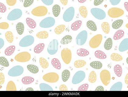 Nahtloses Muster für ostern. Ostereier, Zweige, Blumen in sanften Pastellfarben. Frühlings-oster-Muster für Geschenkpapier, Textil, Tapeten Stock Vektor
