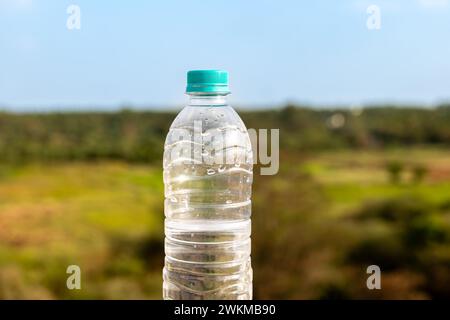 Eine einzelne Flasche Wasser steht hoch in einem weiten, grünen Feld, das in den warmen Glanz eines klaren blauen Himmels getaucht ist Stockfoto