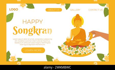 Songkran, Buddha Wasserzeremonie. Die Mönchsskulptur mit Wasser von Hand gießen. Thailand Neujahr. Vektor-Landing-Page-Website-Vorlage in flacher Form für Cello Stock Vektor