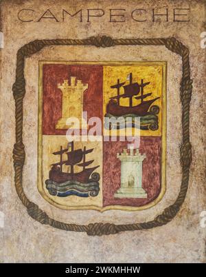 Wappen des Bundesstaates Campeche, Wandgemälde von Diego Rivera, am SEP-Gebäude in Mexiko-Stadt. Stockfoto