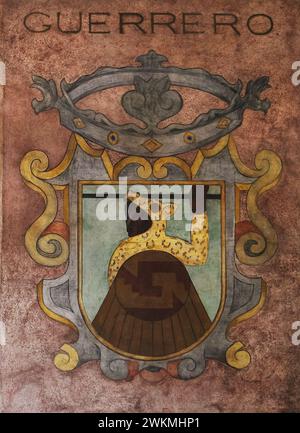 Wappen des Bundesstaates Guerrero, Wandgemälde von Diego Rivera, am SEP-Gebäude in Mexiko-Stadt. Stockfoto