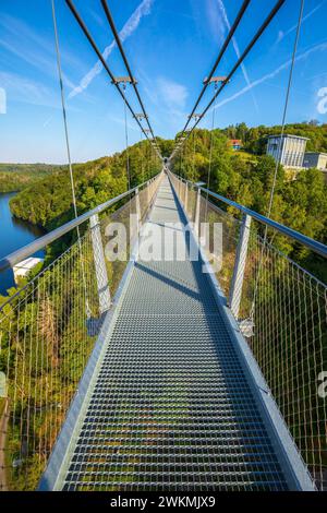 Fußgängerbrücke über dem Rappbodetalsperre-See und dem Rappbode-Fluss im Harz-Gebirge-Nationalpark an einem sonnigen Tag Stockfoto