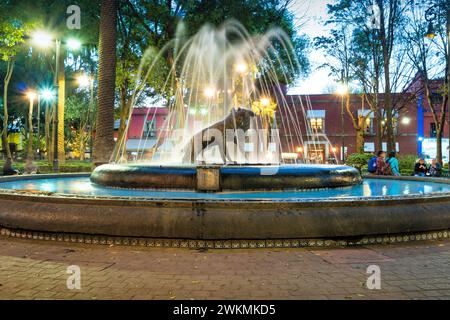 Kojote-Skulptur und Brunnen auf der Plaza del Centenario im Stadtteil Coyoacán von Mexiko-Stadt, Mexiko. Stockfoto