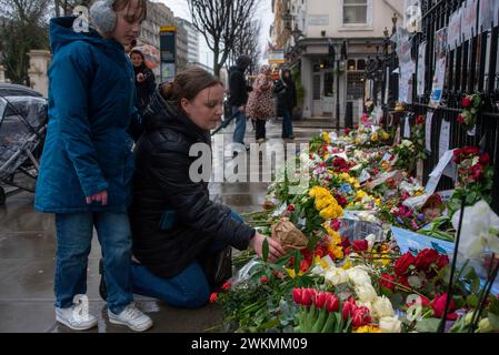 Ein Trauer hinterlässt einen Blumenstrauß aus gelber Rose als Hommage an Nawalny vor dem Boris Nemstov Place gegenüber der russischen Botschaft in London. Alexej Nawalny, 47 Jahre alt, starb am 16. Februar 2024 in der arktischen Strafkolonie nach seinem Morgenspaziergang nach der offiziellen russischen Version. Er war ein heftiger Gegner des russischen Präsidenten Wladimir Putin. Seit Nawalnys Tod haben die Trauernden ihm vor der russischen Botschaft in London eine florale Ehrung geschenkt. Stockfoto