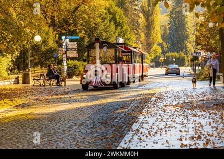 Polanica-Zdroj, Polen - 21. Oktober 2023: Schöne und farbenfrohe kleine Touristenbahn Ciuchcia auf den Straßen der Stadt am sonnigen Herbsttag Stockfoto