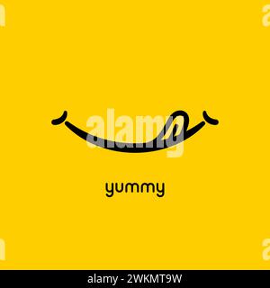 Logo des „Yummy Face Smile Delicious“. Leckeres Zunge-Emoji leckeres oder hungriges Lächeln im Mund Stock Vektor
