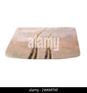 Landschaftskompositionselement mit sandiger Wüstenstraße und Geländewagen. Clip-Art-Design für Touren erkunden Reisen, Camping Aquarell Illustration Stockfoto