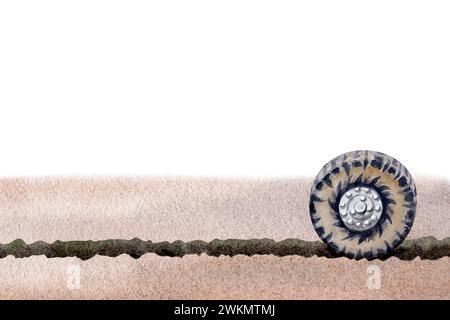 Kartendesign mit Autorad und Reifenspur auf sandigem Wüstenhintergrund. Clip-Art-Komposition für Touren, Erkundungen, Reisen Aquarellillustration Stockfoto