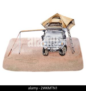 Campingkomposition Clip Art mit Geländewagen, Markise und Dachzelt auf Wüstensand. Für den Tourismus druckt Reisen Karten Aquarellabbildung Stockfoto