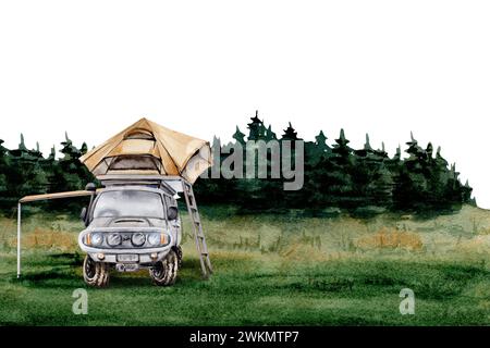 Kartendesign mit Geländewagen und Dachzelt vor Waldkulisse. ClipArt für Camping, Touren, Erkundungen, Reisen handzeichnen Aquarellillustration Stockfoto