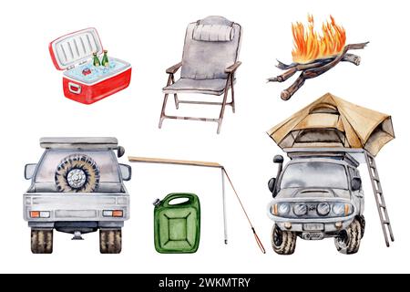 Design-Elemente für Campingplätze im Paket. Geländewagen, Markise, Zelt, Treibstoffdose, Lagerfeuer, Stuhl Kühlbox. Urlaub, Abenteuer Aquarell Illustration Stockfoto