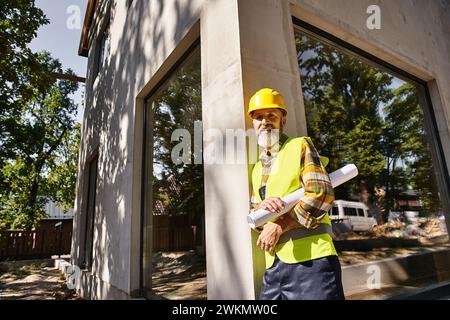 Gutaussehender Bauarbeiter in Sicherheitsausrüstung, Bauplan lächelt in die Kamera, Hüttenbauer Stockfoto