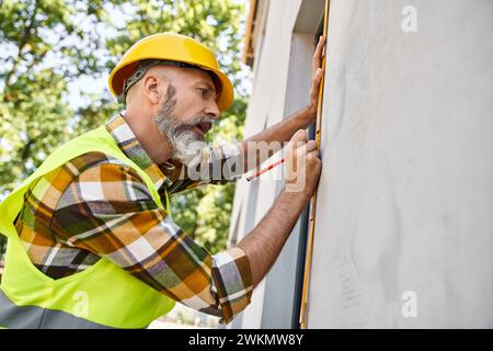 Hübscher Hüttenbauer in Sicherheitsweste und Helmmessfenster mit Klebeband vor Ort Stockfoto