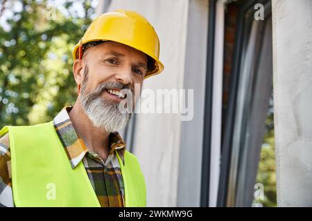 Fröhlich gut aussehender Cottage Builder in lebendiger Sicherheitsweste und Helm lächelt glücklich in die Kamera Stockfoto