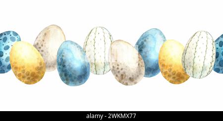 Aquarellfarben nahtlose Osterlinie (Rahmen) mit bunten Eiern. Handgezeichnete Illustrationen auf isoliertem Hintergrund für Grußkarten, Einladungen, glückliche Ferien Stockfoto