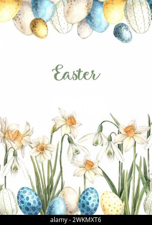 Aquarell Osterkomposition mit Text, Osterkuchen, Eiern und Narzissen. Handgezeichnete Illustrationen auf isoliertem Hintergrund für Grußkarten, Einladungen Stockfoto