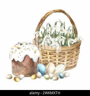 Aquarell Osterkomposition mit Korb, Schneeglöckchen, Osterkuchen und Eiern. Handgezeichnete Illustrationen auf isoliertem Hintergrund für Grußkarte Stockfoto