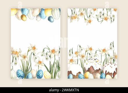 Set mit Osteraquarellen mit Osterkuchen, Eiern und Narzissen. Handgezeichnete Illustrationen auf isoliertem Hintergrund für Grußkarten, Invit Stockfoto