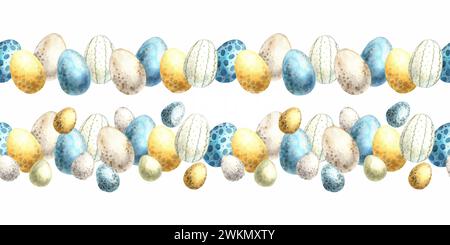 Aquarellfarben nahtlose Osterlinie (Rahmen) mit bunten Eiern. Handgezeichnete Illustrationen auf isoliertem Hintergrund für Grußkarten, Einladungen, glückliche Ferien Stockfoto