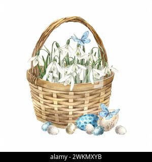 Aquarell Osterkomposition mit Korb, Schneeglöckchen und Eiern. Handgezeichnete Illustrationen auf isoliertem Hintergrund für Grußkarten, Einladungen, Stockfoto