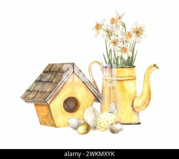 Aquarellset mit gelber Gießkanne und Narzissen, Vogelhäuschen, Eiern. Handgezeichnete Illustrationen auf isoliertem Hintergrund für Grußkarten, Einladung Stockfoto