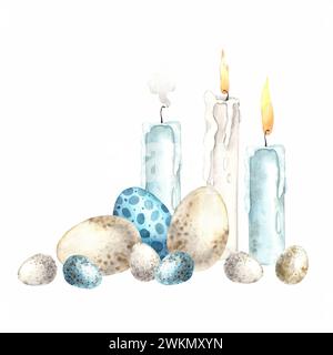 Aquarell Osterkomposition mit Kerzen und verschiedenen Eiern. Handgezeichnete Illustrationen auf isoliertem Hintergrund für Grußkarten, Einladungen, Happy Stockfoto