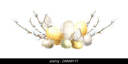 Aquarell Osterkomposition mit Weide, Eiern und Schmetterling. Osterferien Illustration handgezeichnet. Skizze auf isoliertem Hintergrund für Grußkarte Stockfoto