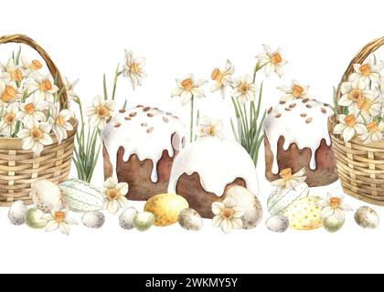 Aquarell Ostern endlose Komposition mit Osterkuchen, Eiern und einem Korb mit Narzissen. Handgezeichnete Illustrationen auf isoliertem Hintergrund zur Begrüßung Stockfoto