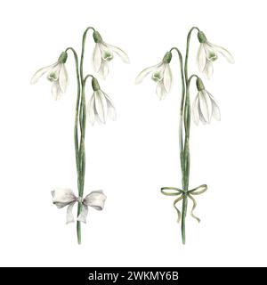 Aquarellsträuße aus Schneeglöckchen mit Bögen. Skizze auf isoliertem Hintergrund für Grußkarten, Einladungen, Banner, Poster, Textilien, Design, Stockfoto