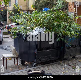 Zweige in einem Mülleimer. Müllcontainer auf der Straße. Asien Stockfoto