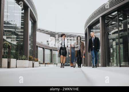 Drei junge, vielfältige Geschäftsleute, die vor einem modernen Bürokomplex zusammenlaufen und Teamarbeit und Zusammenarbeit zeigen. Stockfoto