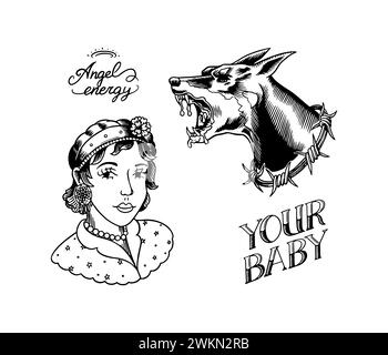 Old School Tattoo Aufkleber Set. Logos oder Embleme für Frauen und Doberman-Hunde. Gravierte handgezeichnete Vintage-Retro-Skizze für Notizbuch oder Logo. Stock Vektor
