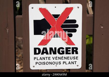 Nahaufnahme eines rot-schwarz-weißen Piktogrammschildes mit der Gefahr giftiger Pflanzen in französischer und englischer Sprache auf einem Holzzaun im öffentlichen Garten. Stockfoto