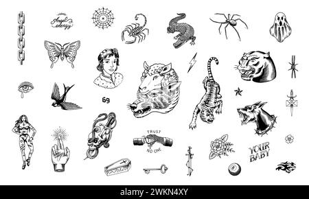 Old School Tattoo Aufkleber Set. Frau, Krokodil, Doberman Hund, Schwalbe, Schlange und Handschlag, Geist, Skorpion, Schmetterling, Spinne, Panther und Hoffnung Stock Vektor