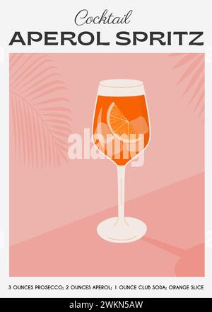 Aperol Spritz Cocktail im Glas mit Eis und Orangenscheibe. Italienisches Aperitif-Retro-Poster im Sommer. Wandgemälde mit alkoholischem Getränk dekoriert mit Stock Vektor