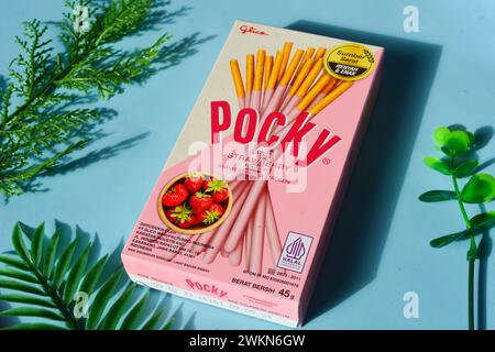 Wonosobo, Indonesien 23. April 2023: Pocky Snacks mit Erdbeergeschmack in rosa Verpackung. Vor blauem Hintergrund. Stockfoto