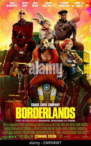 Borderlands (2024) unter der Regie von Eli Roth mit Cate Blanchett, Ariana Greenblatt, Haley Bennett, Jamie Lee Curtis und Kevin Hart. Ein Spielfilm auf der Grundlage des beliebten Videospiels auf dem verlassenen fiktiven Planeten Pandora, wo Menschen nach einem mysteriösen Relikt suchen. US-Poster mit einem Blatt ***NUR FÜR REDAKTIONELLE ZWECKE***. Quelle: BFA/Lionsgate Stockfoto