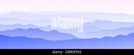Bergwelt bei Sonnenuntergang oder Sonnenaufgang. Panoramablick am Vormittag. Bergkämme und Hügel im Hintergrund. Blaue und pinkfarbene Berggipfel mit Nebel, Nebel oder Dunst. Vektorabbildung Stock Vektor