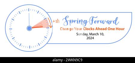 Die Sommerzeit Beginnt. Frühjahrszeit am 10. März 2024: Erinnerung an Webbanner. Vektor-Illustration mit Uhren, die sich auf eine Stunde voraus drehen Stock Vektor