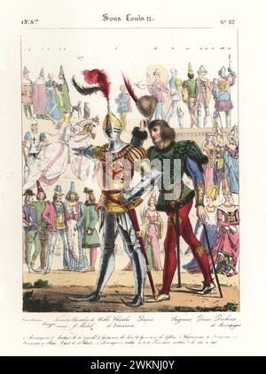 Karl der Kühne von Burgund in gefedertem Helm, Anzug aus Plattenrüstung, Rüstungspoulainen, mit Adligen in aufgesticktem Wappen und Schlauch. König Ludwig XI. In Rüstung zu Pferd mit Kurtisane, Reiterei, Ritter, Adligen. Courtisan, Ecuyer, Louis XI, Chevalier de St. Michel, Noble, Charles le Temeraire, Dame, Seigneur, Herzogin de Bourgogne. Sous Louis XI Handkolorierte Lithografie von Godard nach einer Illustration von Charles Auguste Herbé aus seinen eigenen Kostümen Francais, Civils, Militaires et Religieux, französische Kostüme, Militär und Ordensleute, Maison Martinet, Paris, 1837. Stockfoto