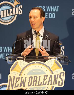 New Orleans, USA. Februar 2024. Der Gouverneur von Louisiana, Jeff Landry, sprach während der Super Bowl LIX Kickoff Press Conference im Club XLIV in New Orleans, Louisiana, am Mittwoch, den 21. Februar 2024. (Foto: Peter G. Forest/SIPA USA) Credit: SIPA USA/Alamy Live News Stockfoto