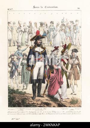 Allgemein in Uniform (Napoleon?) Der Französischen Republikanischen Armee, mit Incroyables und Merveilleuses, unter dem Konvent. Grenadier, Conventionnel, Citoyen, General en Chef, Citoyennes. Sous la Convention. Handkolorierte Lithografie von Godard nach einer Illustration von Charles Auguste Herbé aus seinen eigenen Kostümen Francais, Civils, Militaires et Religieux, französische Kostüme, Militär und Ordensleute, Maison Martinet, Paris, 1837. Stockfoto