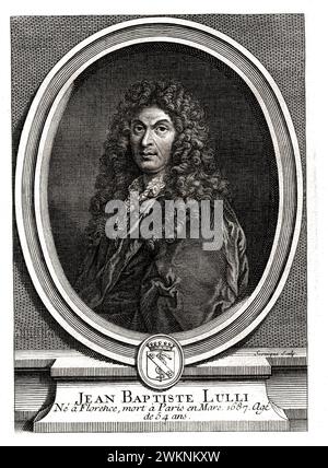 1670 CA, FRANKREICH : der italienisch-französische Barockmusiker Jean Baptiste LULLY ( Giovanni Battista LULLI , 1633–1687 ) am Hof König LUDWIG XIV . Portaitstich von Sornique. - Re Sole - Luigi XIV - BAROCCO - BAROQUE - musica classica barocca - CLASSICA - MUSICA CLASSICA BAROCCA - CLASSICA - COMPOSITORE BAROCCO - BAROCK - incisione - Granducato di Toscana - Giovanni Battista - Giovanbattista - Giovan Battista - GAY-omosessuale - omosessualità - Homosexualität - Homosexuell - GLBTQ - Curls - riccioli - Boccoli - Parrucca - Perücke - Curling - Archivio GBB / CONTRASTO Stockfoto