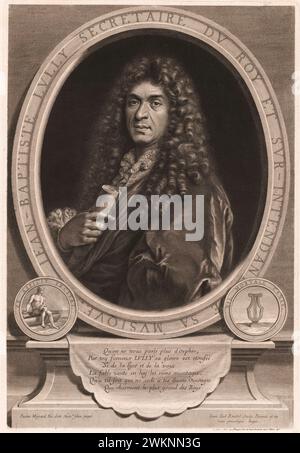 1670 CA, FRANKREICH : der italienisch-französische Barockmusiker Jean Baptiste LULLY ( Giovanni Battista LULLI , 1633–1687 ) am Hof König LUDWIG XIV . Portaitstich von Jean Ludovic ROULLET nach Originalentwurf des Malers Paul MIGNARD, veröffentlicht in Paris. - Re Sole - Luigi XIV - BAROCCO - BAROQUE - musica classica barocca - CLASSICA - MUSICA CLASSICA BAROCCA - CLASSICA - COMPOSITORE BAROCCO - BAROCK - incisione - Granducato di Toscana - Giovanni Battista - Giovanbattista - Giovan Battista - GAY-omosessuale - omosessualità - Homosexualität - homosexuell - GLBTQ - Curls - riccioli - boc Stockfoto