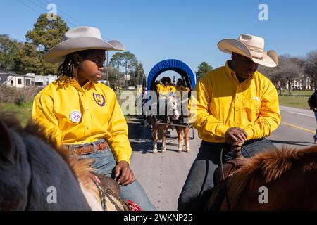 Prairie View, Texas, USA. Februar 2024. MAJOR WILSON, 15, links und HERMAN CLAYTON ADAMS, 16, folgen während der jährlichen Prairie View Trail Riders Association (PVTRA) 67 auf ihrer 100 km langen Reise von Hempstead aus hinter dem gedeckten Wagen. TX nach Houston für die jährliche Houston Livestock Show und Rodeo in Houston TX vom 27. Februar bis 17. März. Die PVTRA wurde 1957 gegründet und hat zum Ziel, das landwirtschaftliche Interesse junger Amerikaner zu fördern und jene Prinzipien und Methoden zu verewigen, die als ideale und Traditionen der westlichen Welt sowie der westlichen Welt gelten Stockfoto